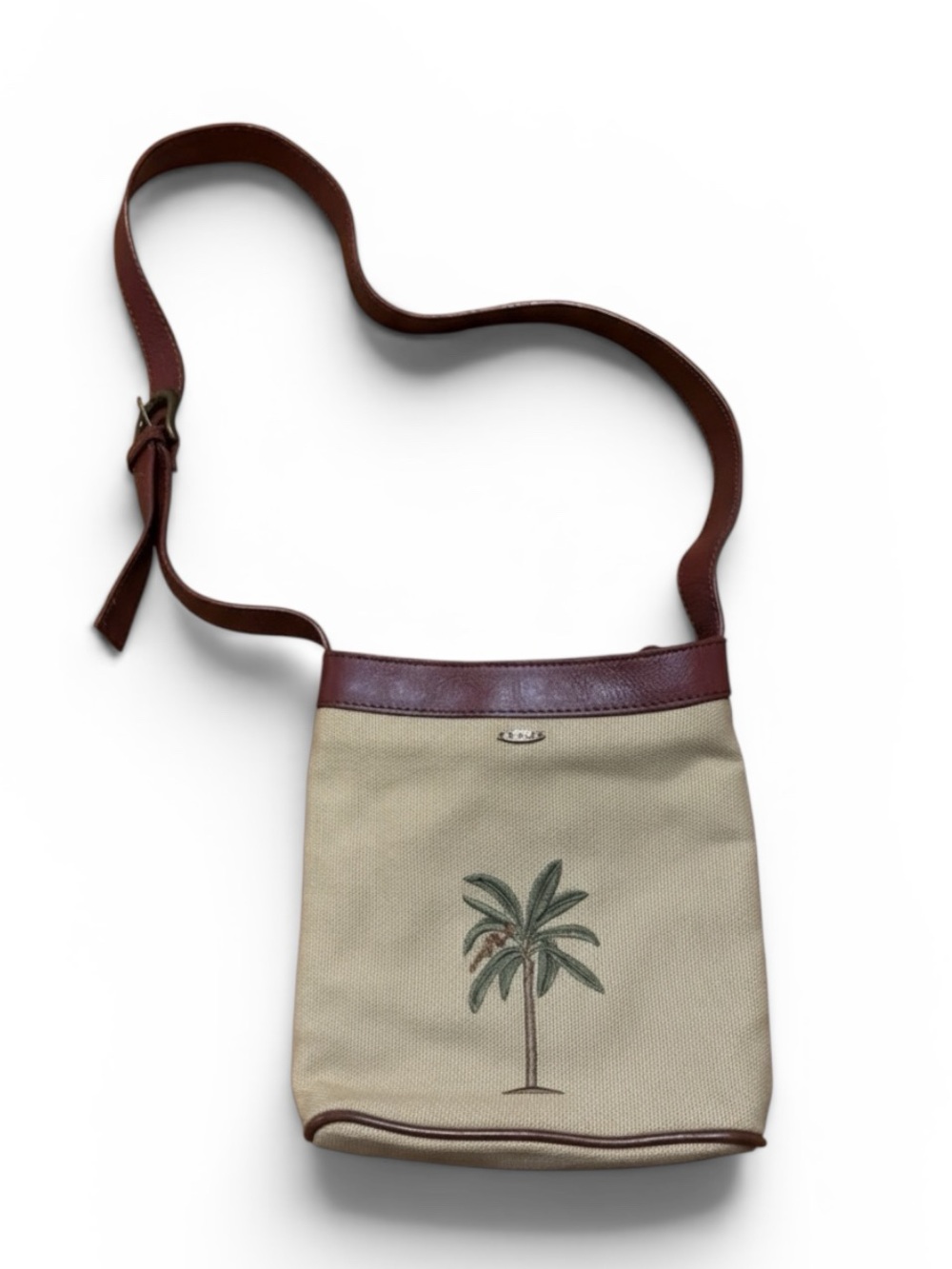 Scala Palm Tree Embroidered Brown & Tan Crossbody Bag w Leather Strap